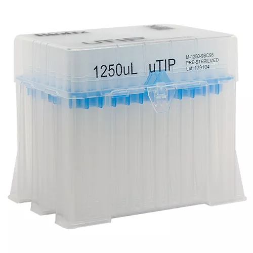 uTIP Universal Pipette Tips 1250 μL Racked, Filtered, Sterilized