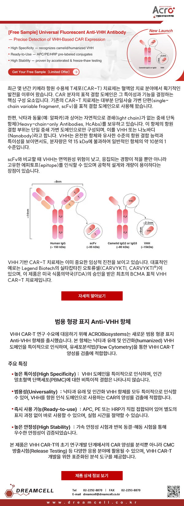 ACROBiosystems 한국 공식 대리점 드림셀의 범용 형광 표지 Anti-VHH 항체 신제품 출시 안내 및 VHH 기반 CAR-T 치료제 연구 가이드 이미지