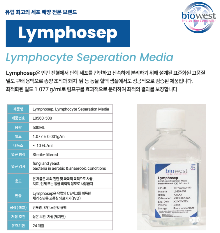 [Biowest] PBMC 분리 필수템 Lymphosep (500ml) '무료 샘플 100% 증정' (선착순 100명)